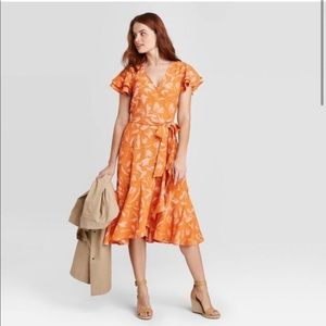 a new day • Orange Pink Floral Wrap Ruffle Dress